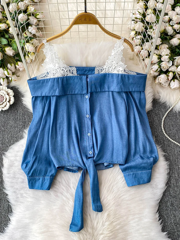 

Pure desire sexy lace patchwork suspender off shoulder long sleeved shirt women's design waist cinching slimming short top