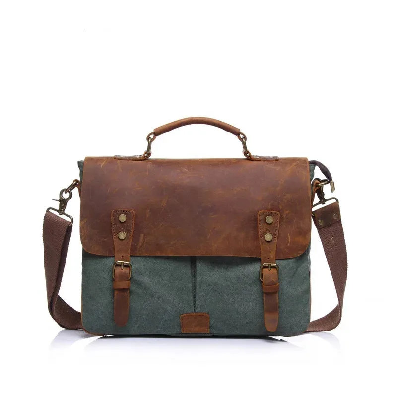 

Vintage Leather + Canvas men briefcase Business bag Portfolio men office bag male canvas briefcase attache case document tote