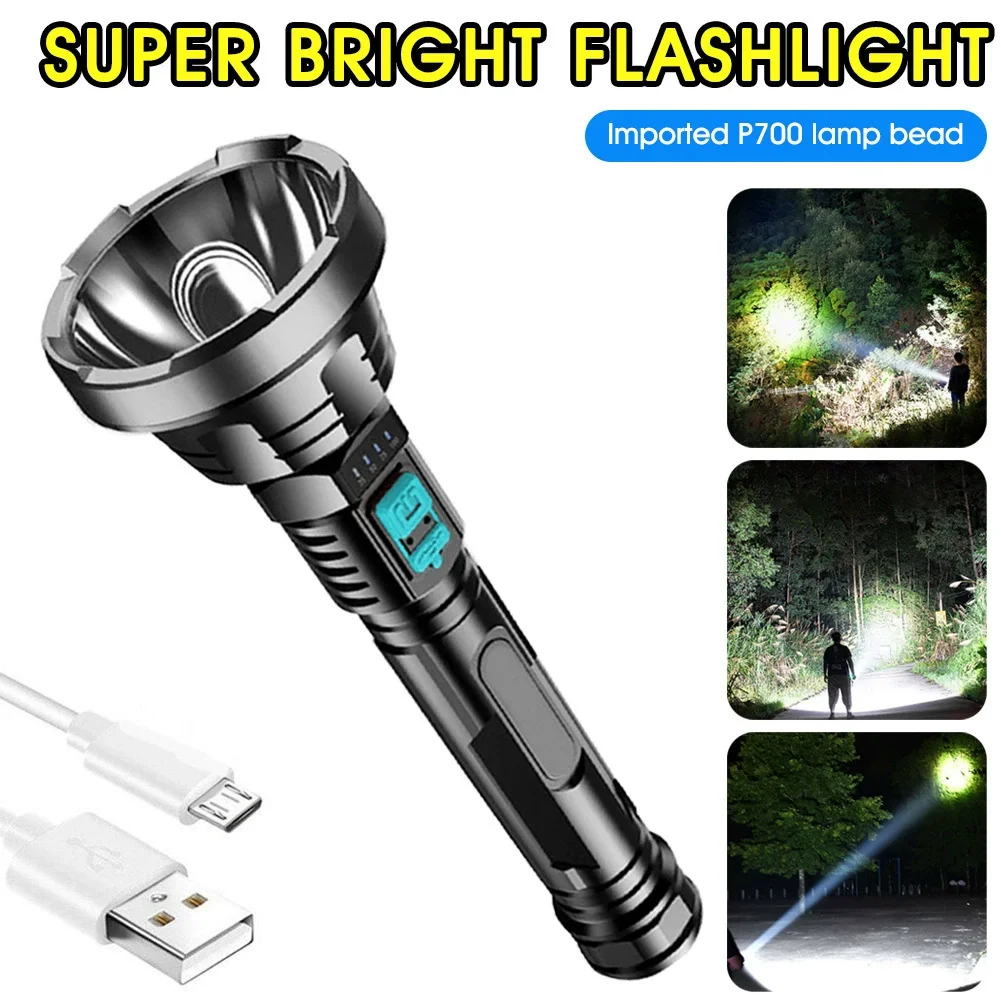 Large Long-Range LED Flashlight for Home And Outdoor Use Strong Light USB Charging ABS Material with Battery Display