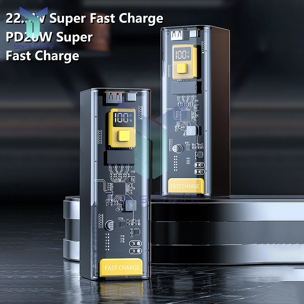 Two-way PD22.5W QC 40000mah Transparent LED Digital Display Multiprotocol Charge Phone Laptop Fast Charge Power Bank Kit