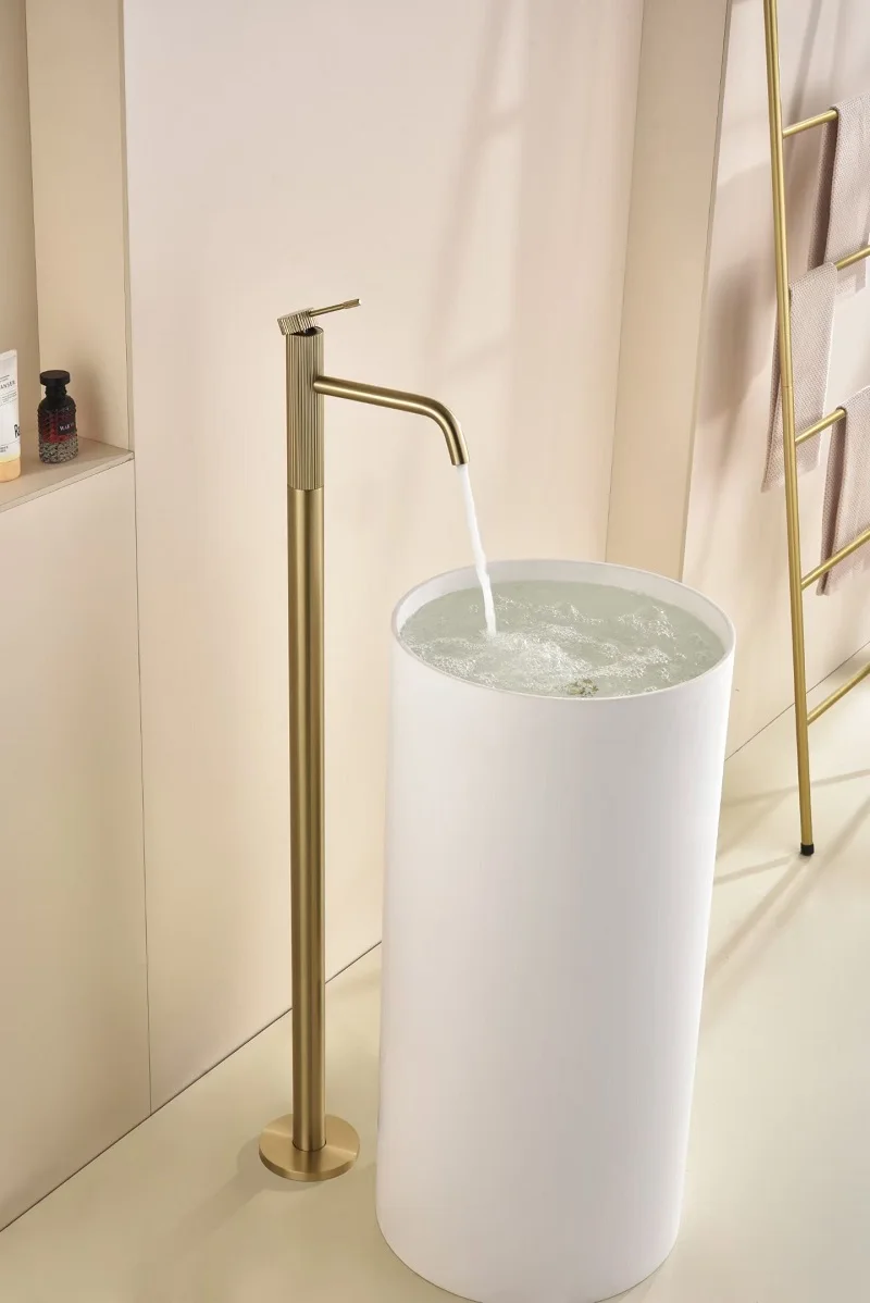 

Luxury Floor-Mounted Brass Basin Faucet,Brushed Gold Finish,for Pedestal Sink,Concealed Cold and Hot Water mixer,Solid Brass