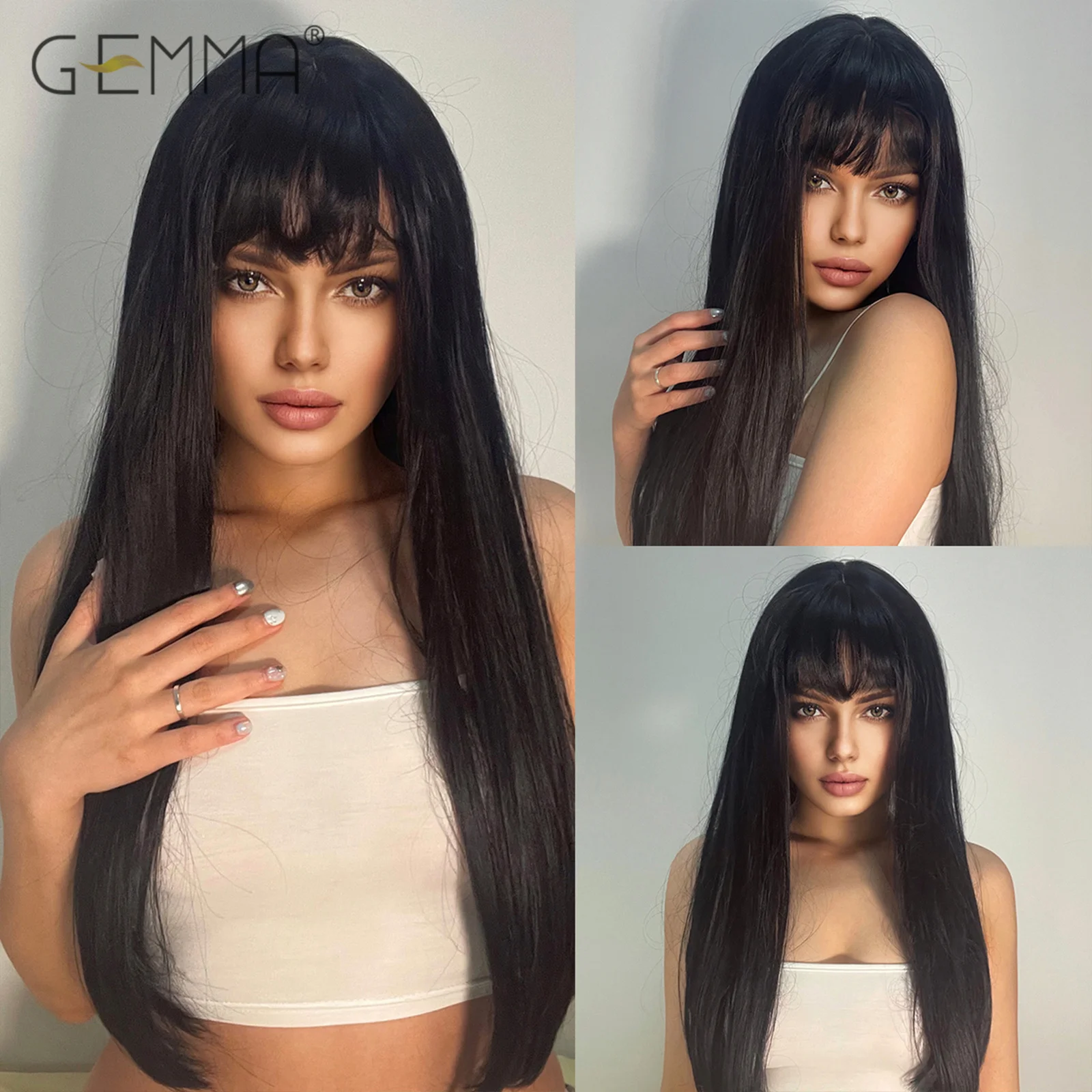 

Длинный прямой синтетический парик GEMMA, черный, для косплея, с челкой, для женщин, американский парик из натуральных волос, Термостойкое волокно