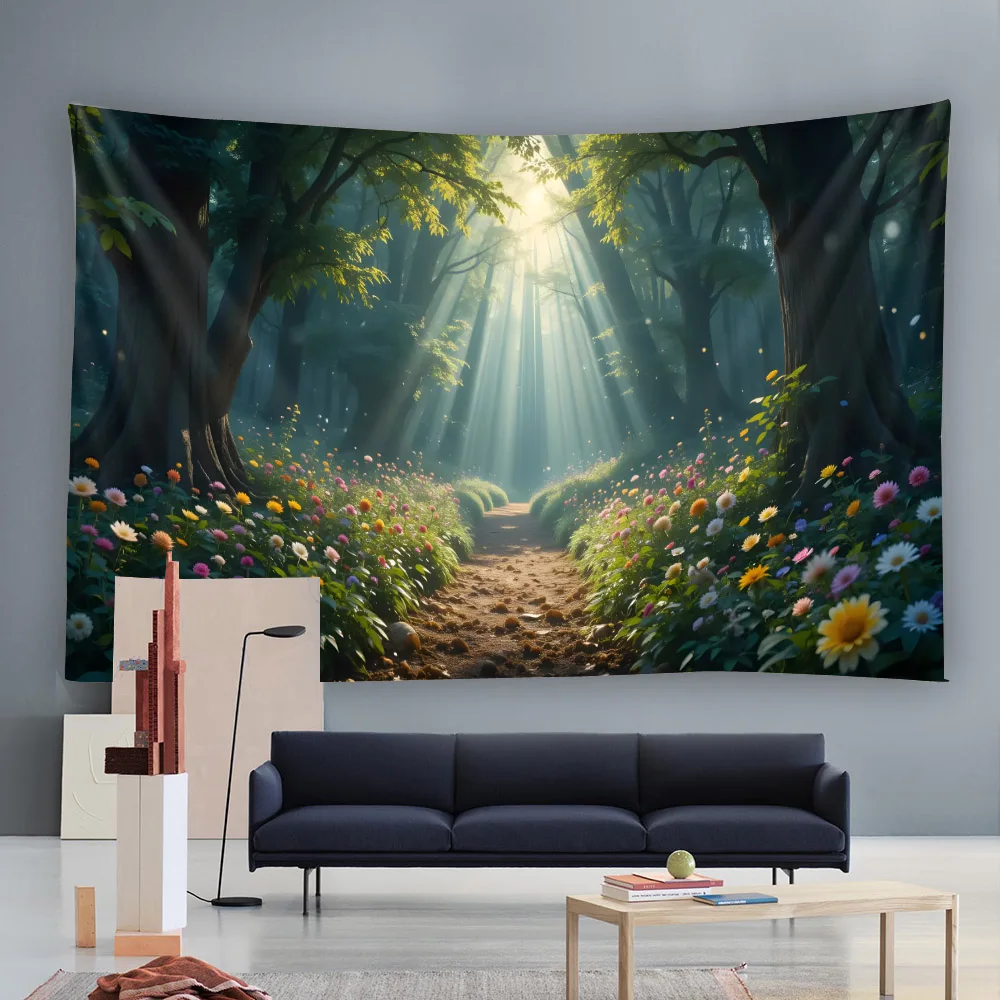 Lush Green Tropical Rainforest Landscape Forest Flower Tapestry Natural Background Wall Decor for Living Room Bedroom Homestay