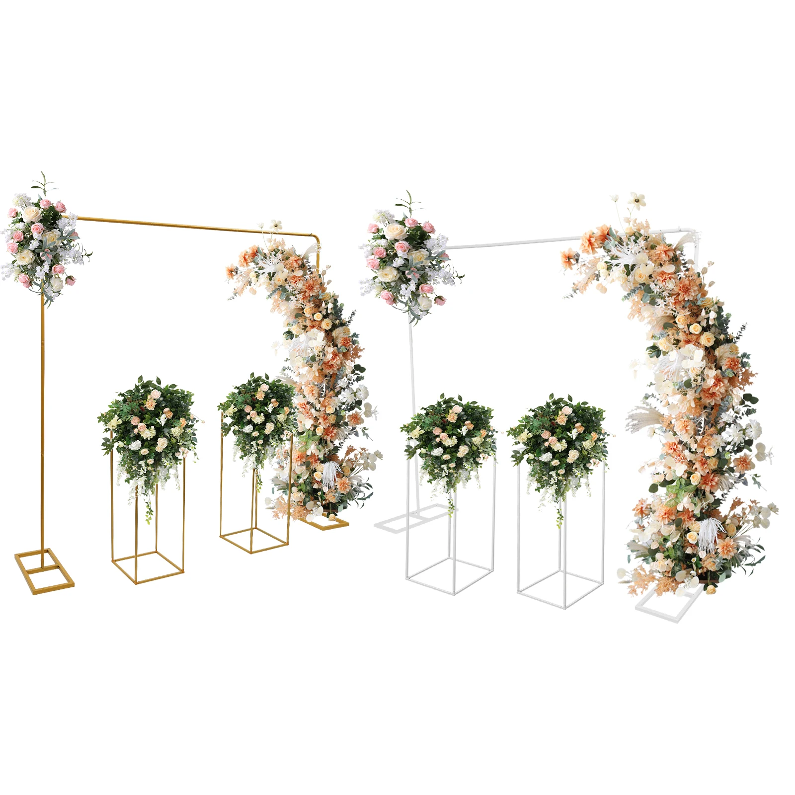 2x2m Balloon Arch Stand with 2 Flower Stands, Metal Wedding Backdrop Stand Set for Party Ceremony Photo Booth Decor (Gold/White)