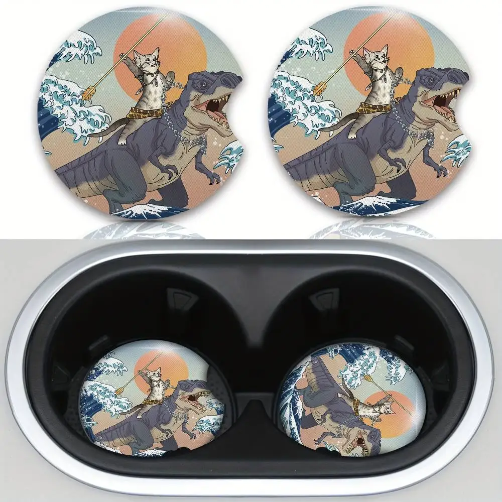 Cute Cat Riding Dinosaur Neoprene Car Coasters 2pcs Absorbent With Finger Slot Women Car Accessories