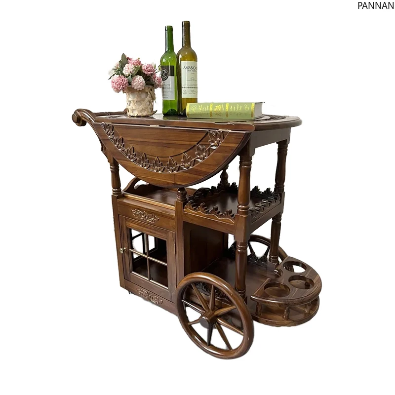 

French medieval style movable small side table American retro cart coffee table folding tea table dining car