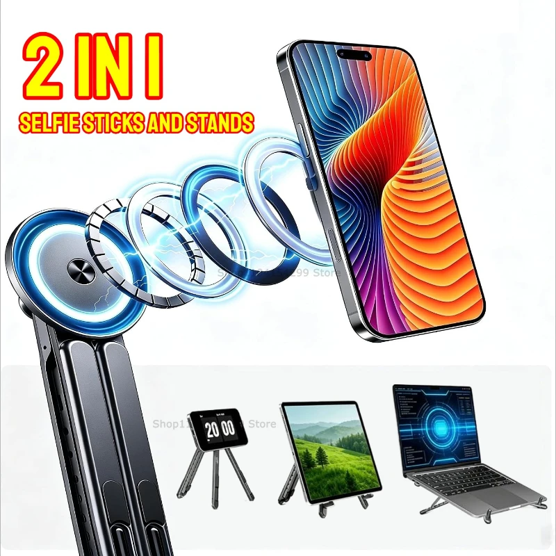 Portable Magnetic Phone Holder & Selfie Stick 3-in-1 Foldable Tripod Stand for IPhone IPad Tablet Laptop Desktop Use