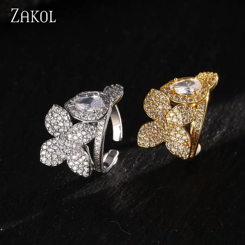 ZAKOL Simple Fashion Petal Water Drop Design For Women's Zircon Ring Copper Micro-set Opening Adjustable Daily Party Jewelry