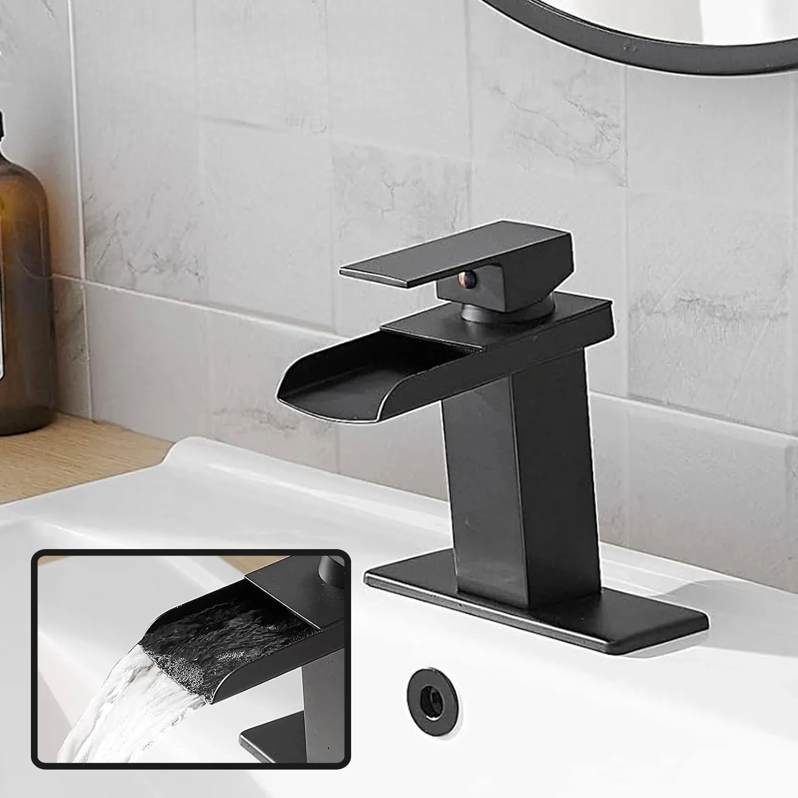 

Single Hole Single Handle Modern Vanity Lavatory Basin Hot& Cold Mixer Tap with Drain Combo Matte Black Waterfall Basin Faucet