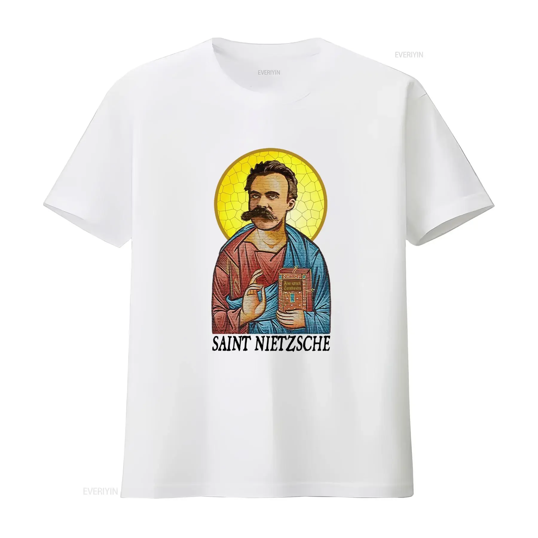 Stained Glass Saint Friedrich Nietzsche Also Sprach Zarathustra Funny Philosophy Print Casual T Shirt vintage Washed