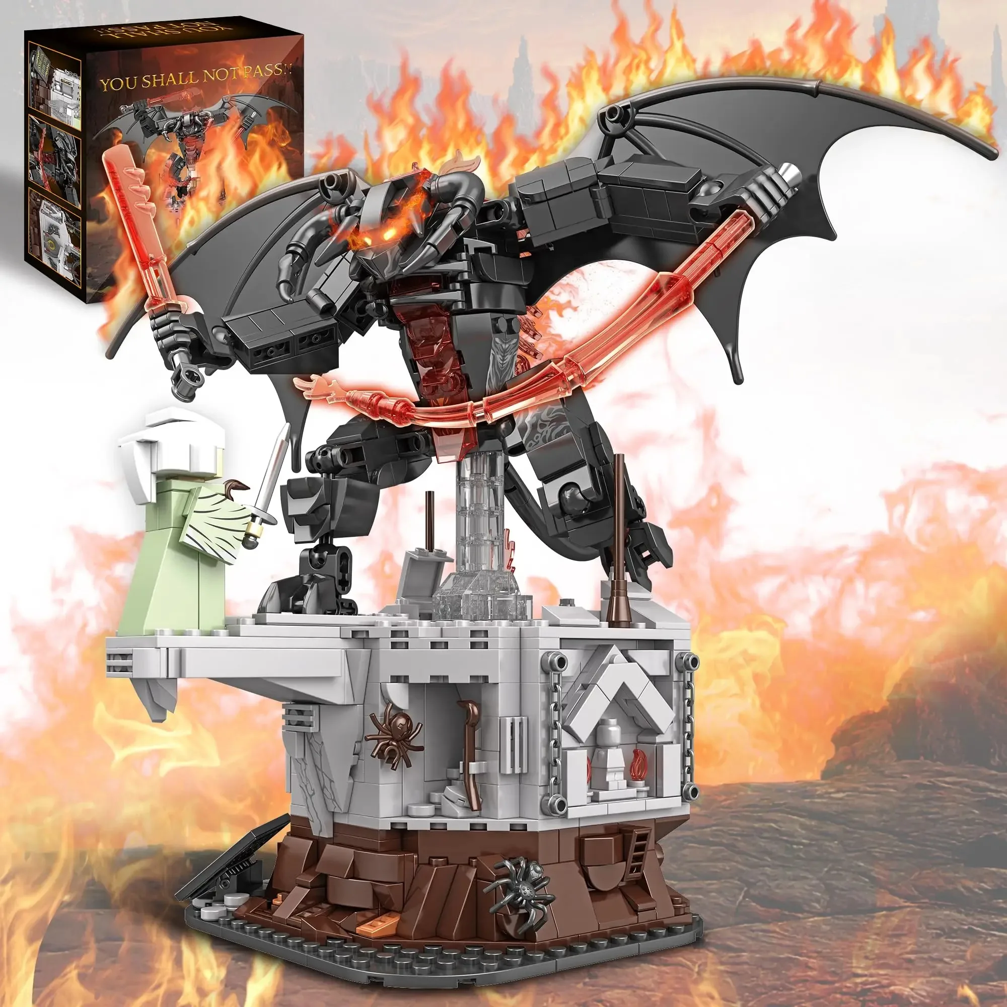 988-teiliges Bausteinset „Der König der Magischen Ringe“ – Dämonen-Baukasten „Dunkler Lord Monster vs. Gandalf“ Modellspielzeug-Geschenk für Erwachsene und Kinder