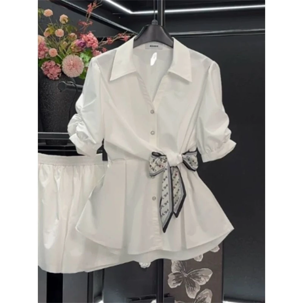 

White Chiffon Shirt Women 2025 Summer Thin Blouse Silk Scarf Waist Cinching Slimming Belly Covering Short Sleeve Tops