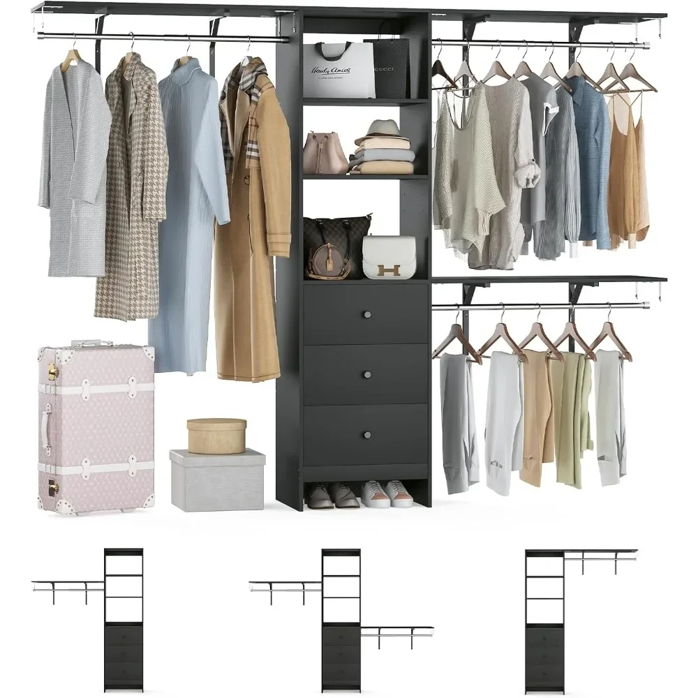 High Capacity Wardrobe Rack with 3 Drawers & Expandable Hanger Rods - Fits 6-9 ft Spaces