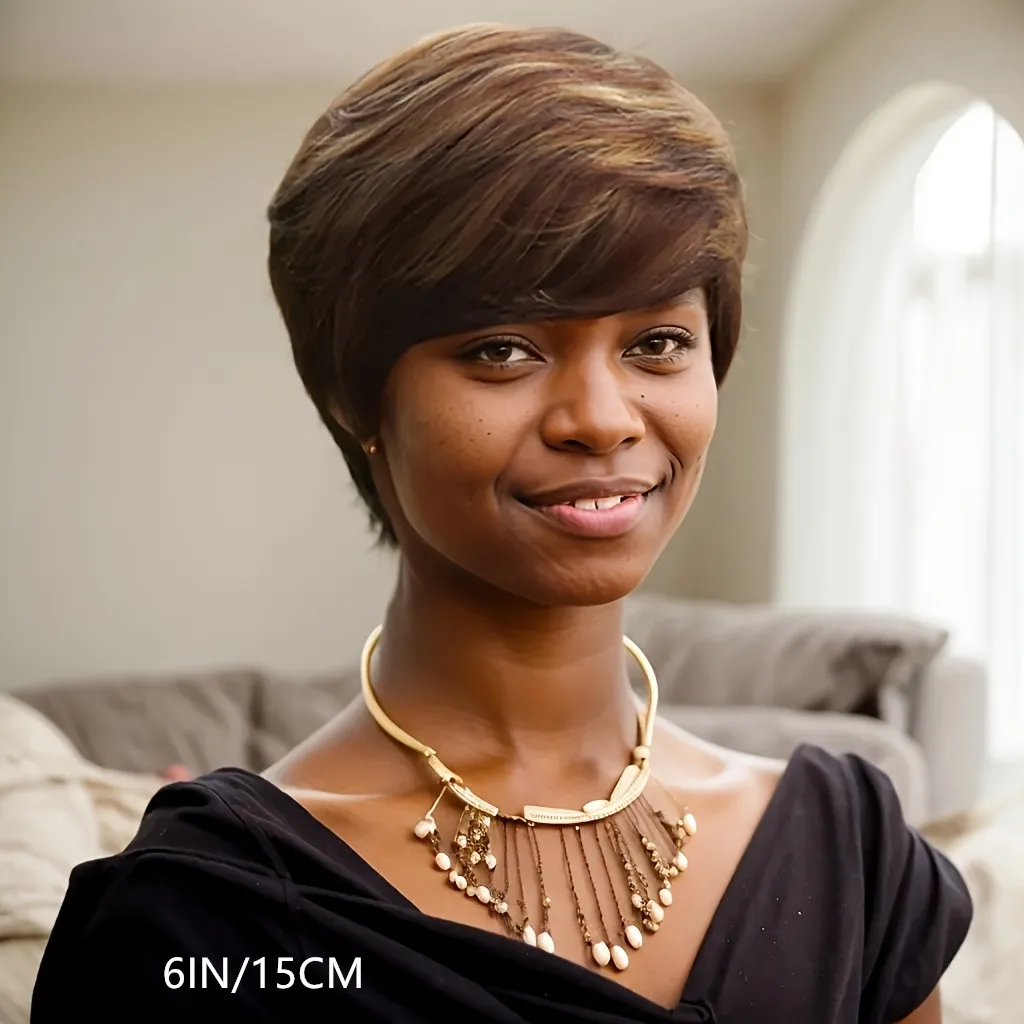 ความหนาแน่น 150% สําหรับผู้หญิงสั้นตรง 6 นิ้ว 427 ไฮไลท์สีทุกวันปาร์ตี้ Remy วิกผมเครื่องทํา pixie ตัดวิกผมมนุษย์