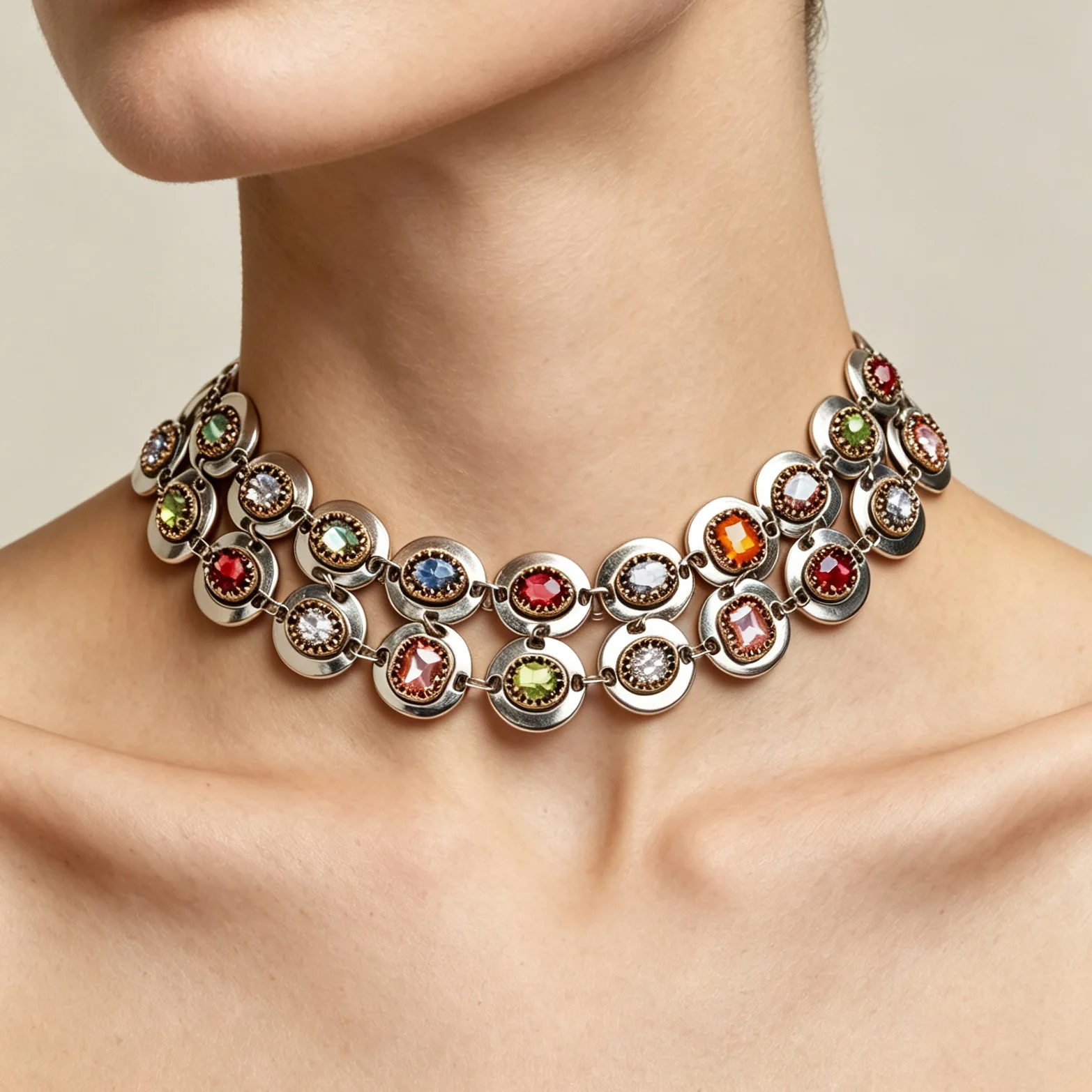 Vintage-Halskette mit bunten Kristallen für Damen, Metallketten, mit Strasssteinen besetzte Halskette, auffälliger Schmuck, Geschenkidee. – Detail 2