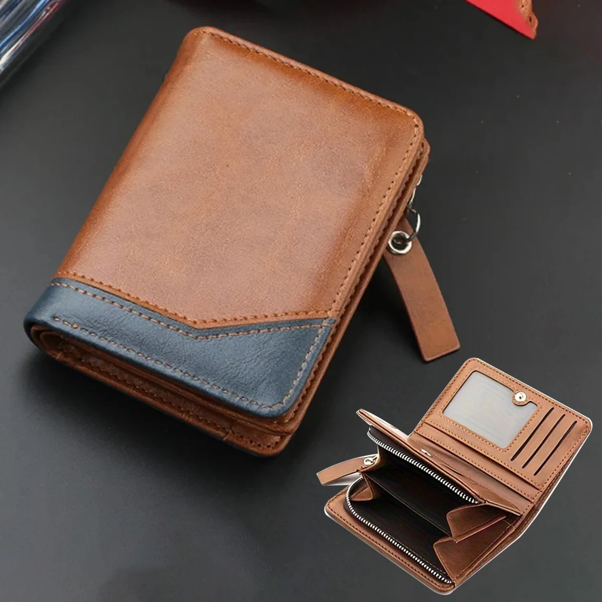 2024 New Men's PU Leather Short Wallet With Zipper Coin Pocket Vintage Big Capacity Male Short Money Purse Card Holder