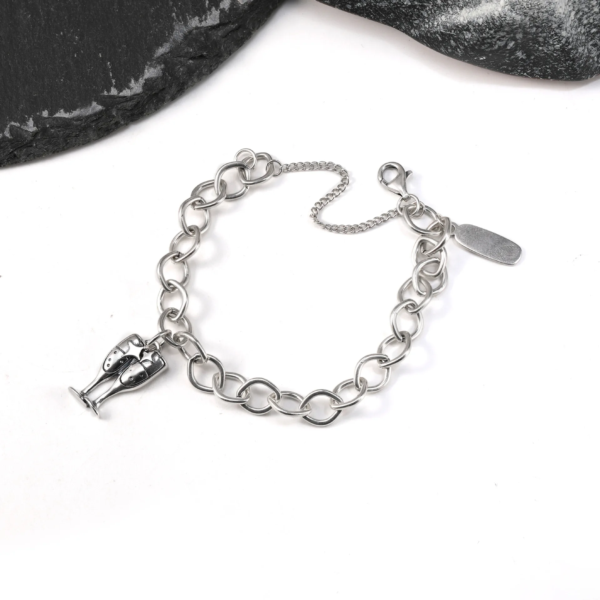 S925 Silver Vintage Oxidized Bracelet Wine Glass Texas Heart Love Knot Paperclip Chain Jewelry Gift for Women