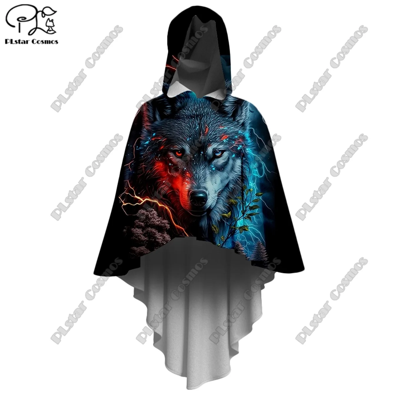 

PLSTAR COSMOS new animal series 3D printed wolf print pattern women's hooded cloak irregular cloak daily casual