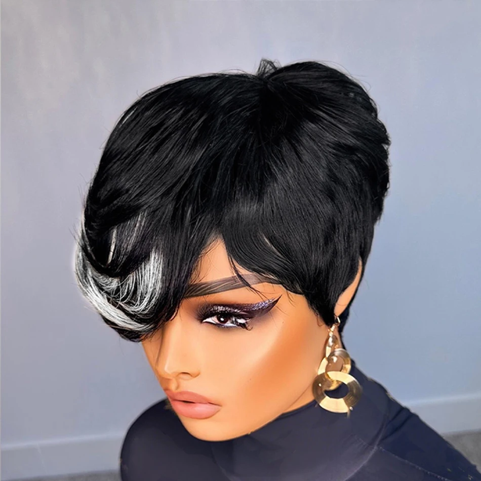 Silver Highlighted Short Layered Pixie Wigs Human Hair 100% Natural Realistic Tangle Free Full Machine Made With Bangs For Women