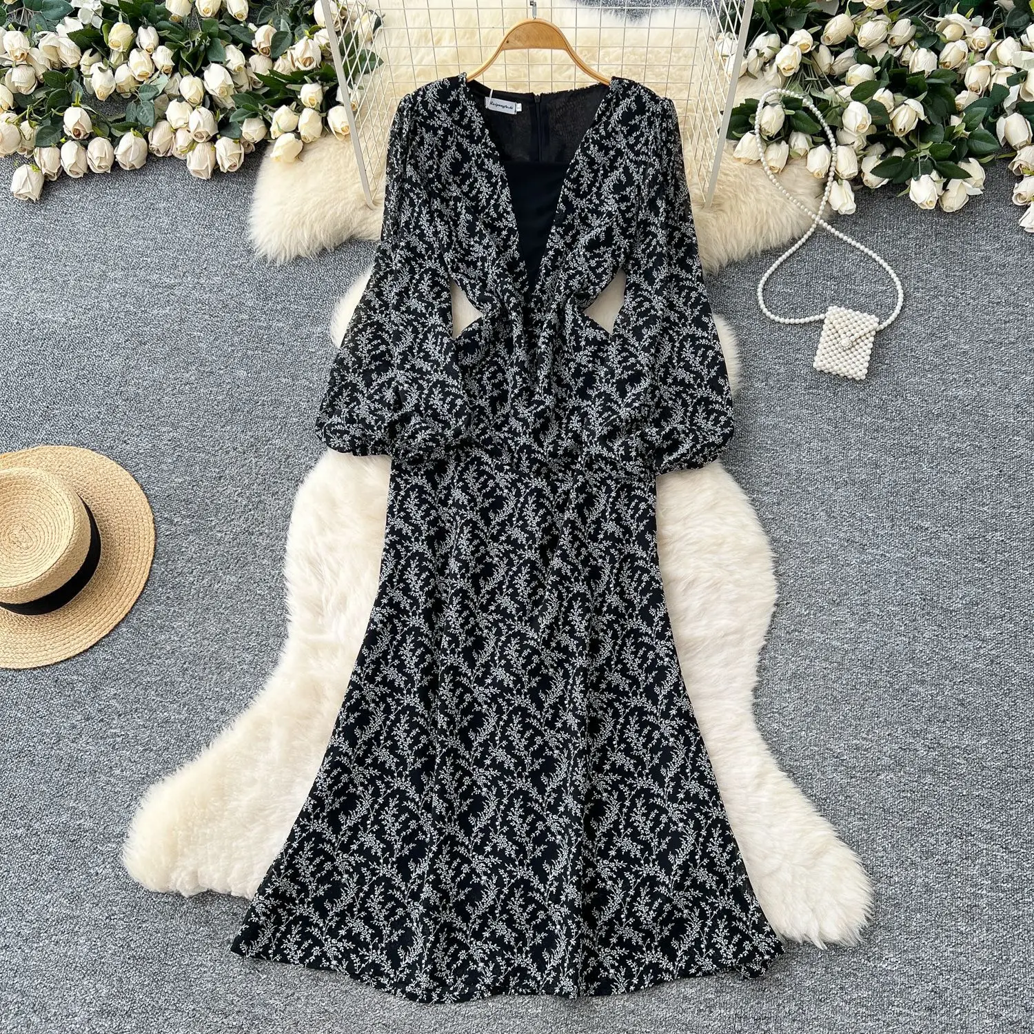 

Floral Dress Women Puff Sleeve V Neck Ankle Length Dresses Vestidos Y2k High Waist A Line Slight Strech Casual Summer Spliced