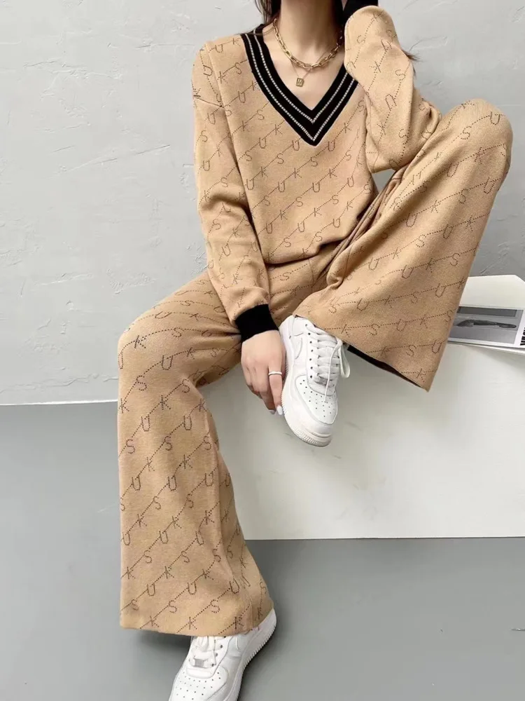 V-neck Sweater Suit Autumn New Style Temperament Letter Print Knitted Wide-leg Pants Two-piece Outfit Korean Women Sweat Sport