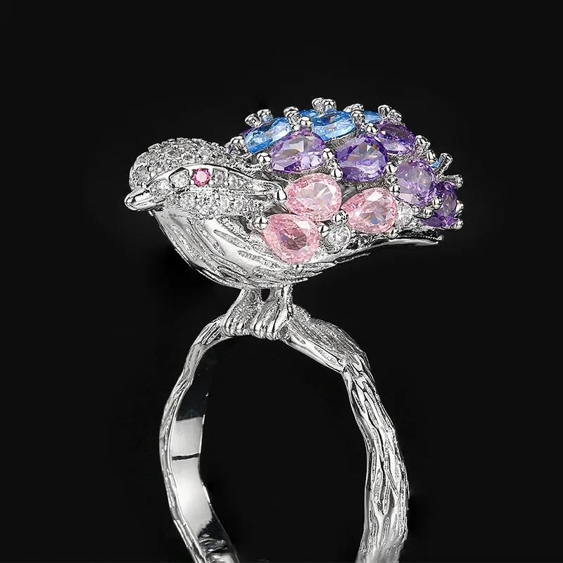 

Adjustable Rainbow Bird Ring for Women Colorful Zircon Crystal Statement Ring Unique Animal Branch Band Cocktail Party Jewelry