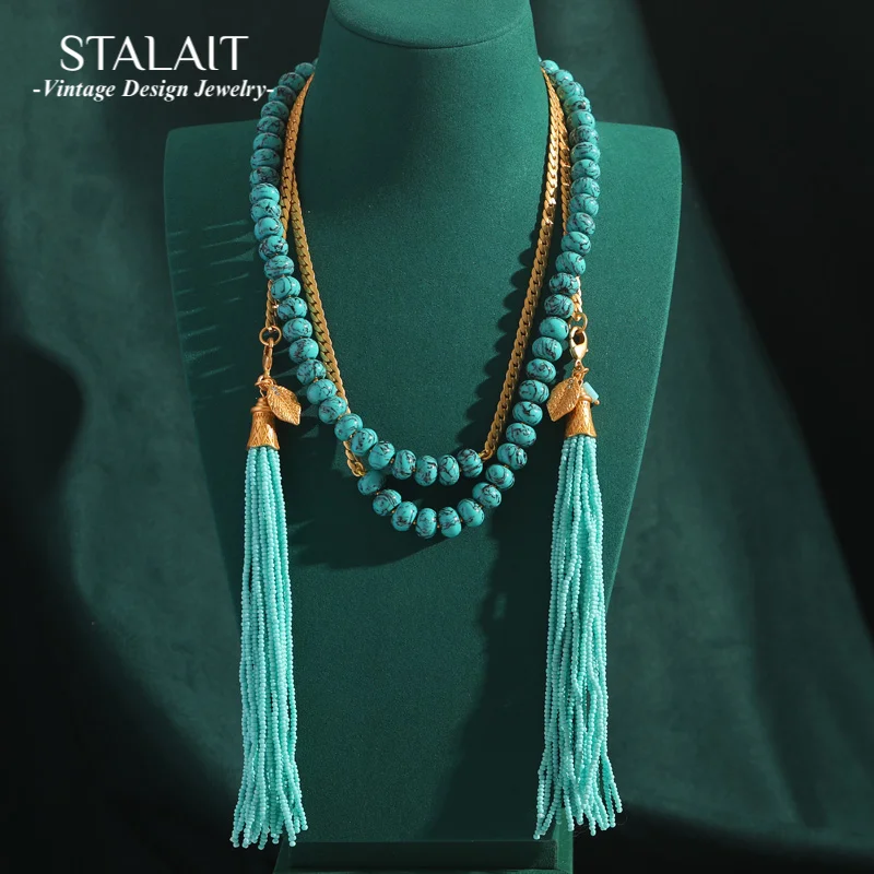 

Turquoise Necklace Antique Jewelry Blue Natural Stone Beads Tassels Long Layered Vintage Gold Color Snake Chain For Woman New