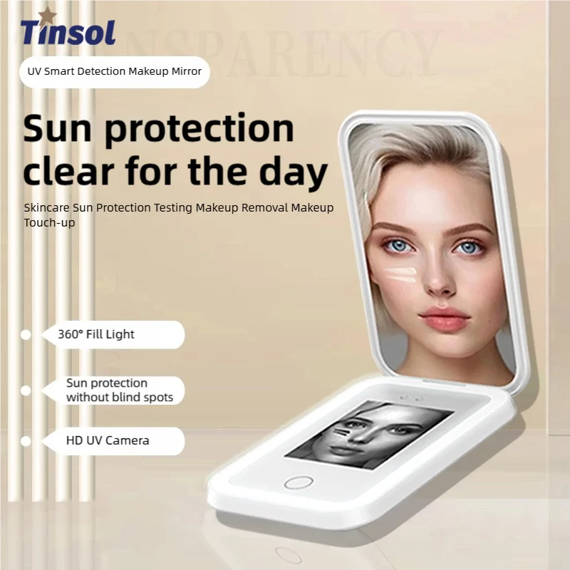 مرآة اختبار واقية من الشمس الذكية للأشعة فوق البنفسجية من TINSOL مع كاميرا عالية الدقة وضوء إضافي 2x مرآة سفر مكبرة لاختبار الواقي من الشمس