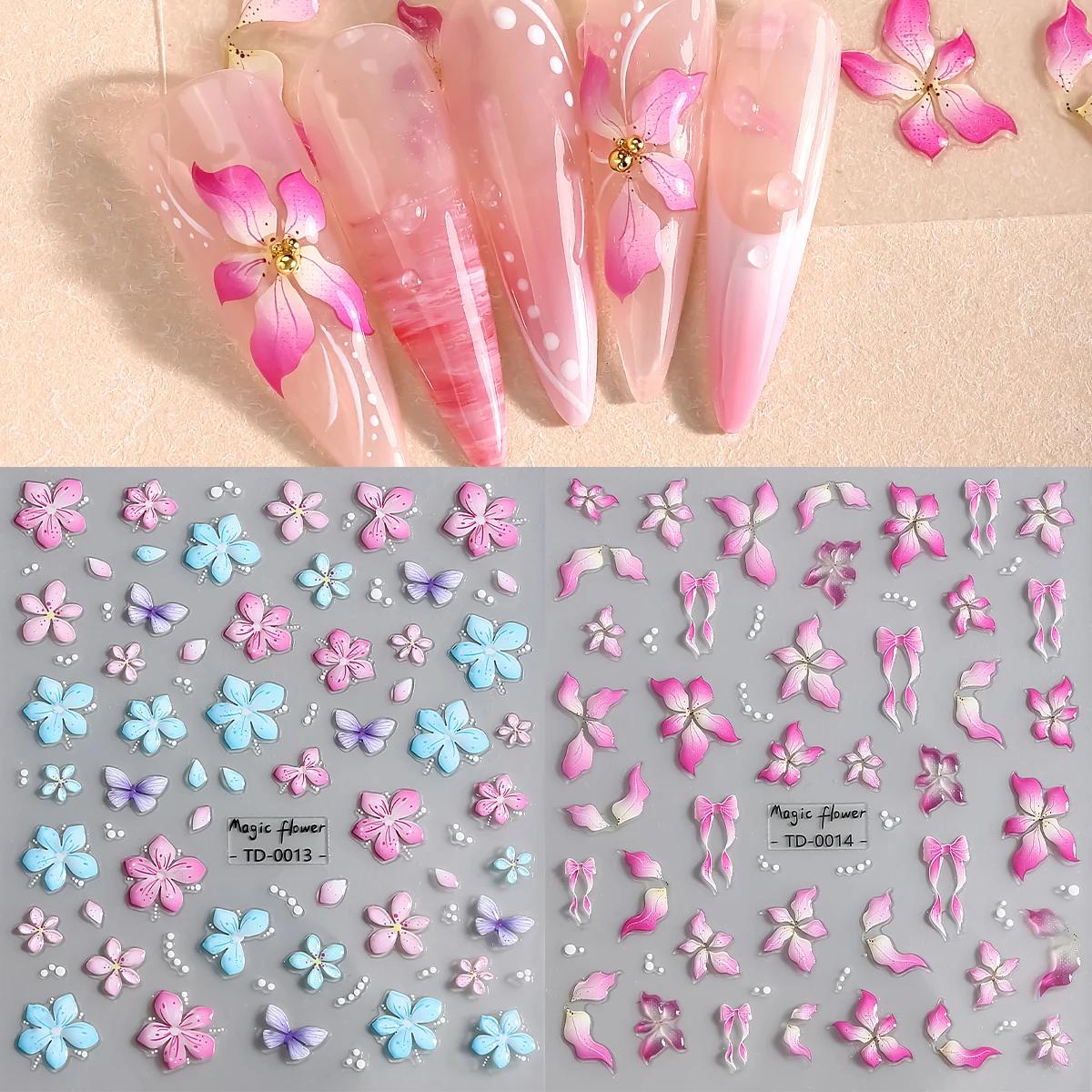 

5D Pink Hibiscus Flowers Nail Art Sticker Embossed Butterfly Bow Self-Adhesive Decals Sliders for Nails DIY Manicure Decoration