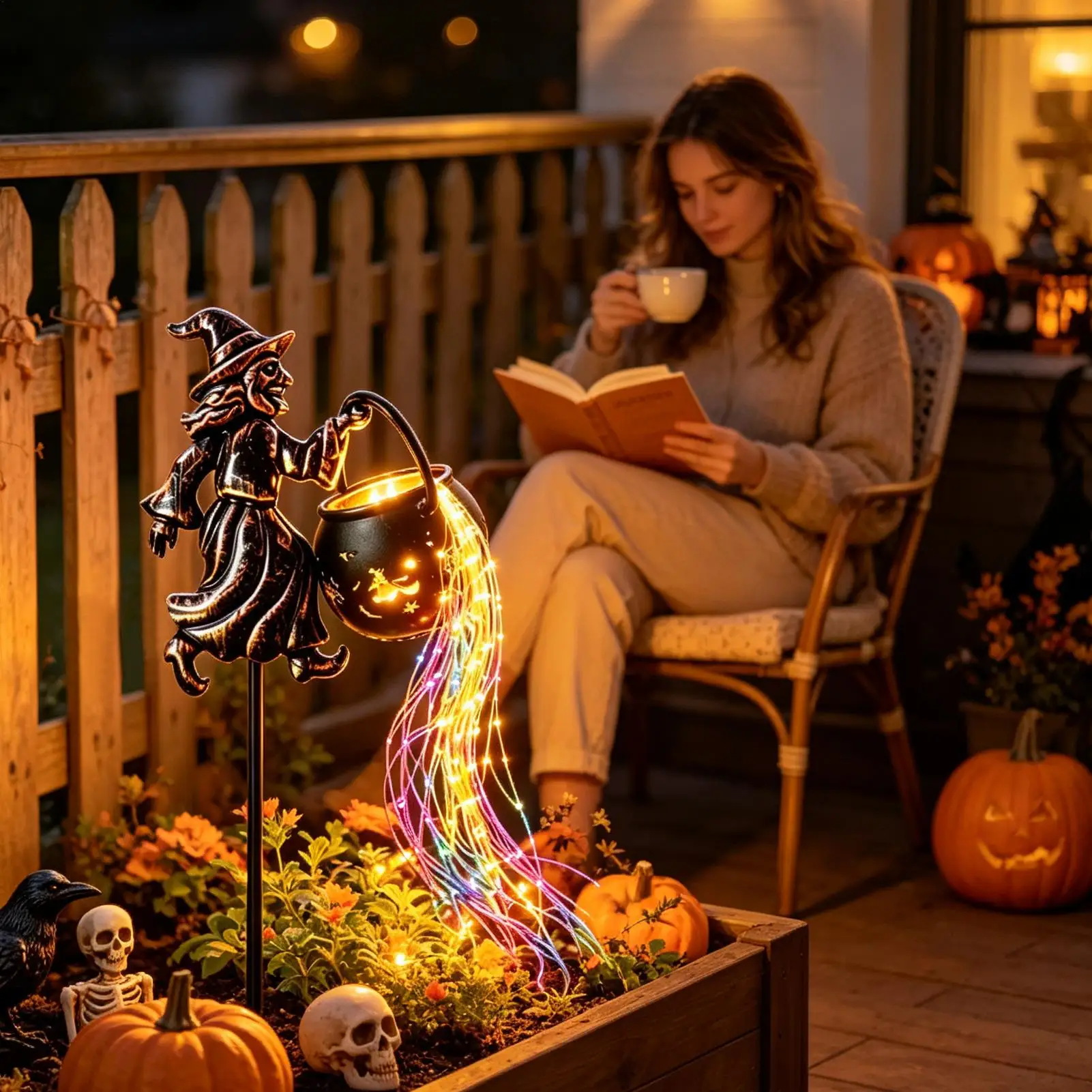 Flying Gnome Cauldron Garden Light LED String Light Halloween Outdoor Decorations Whimsical Gnome Statue, Patio Yard Art