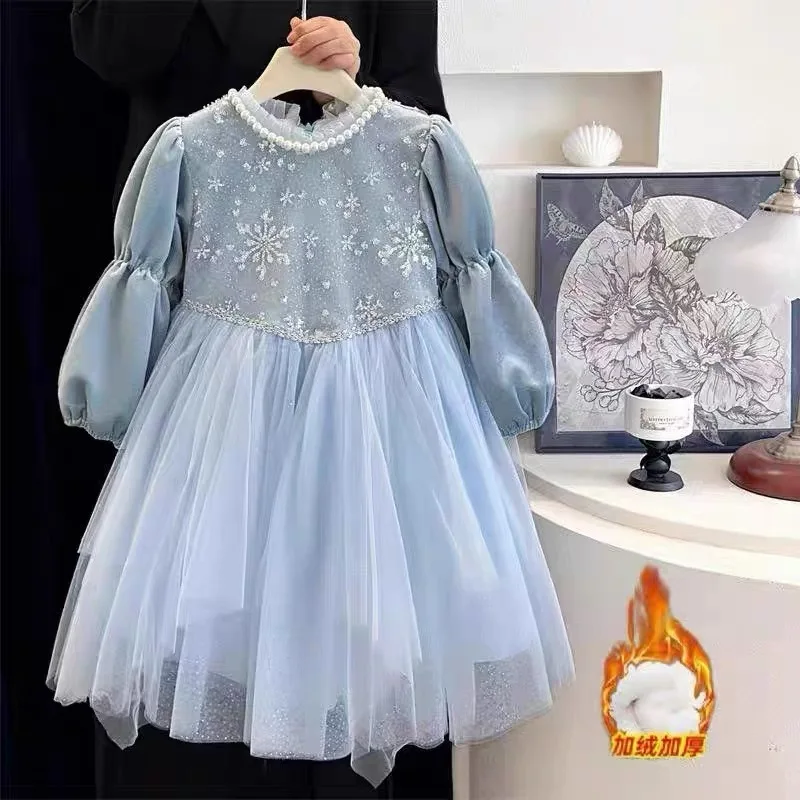 Mädchen Herbst Winter Mesh-Schleifen-Prinzessinnenkleid Kinder Schüler Paillettenkleid, Baby Warmes Puffkleid Kinder Lässiges Urlaubs-Party-Outfit – Detail 5