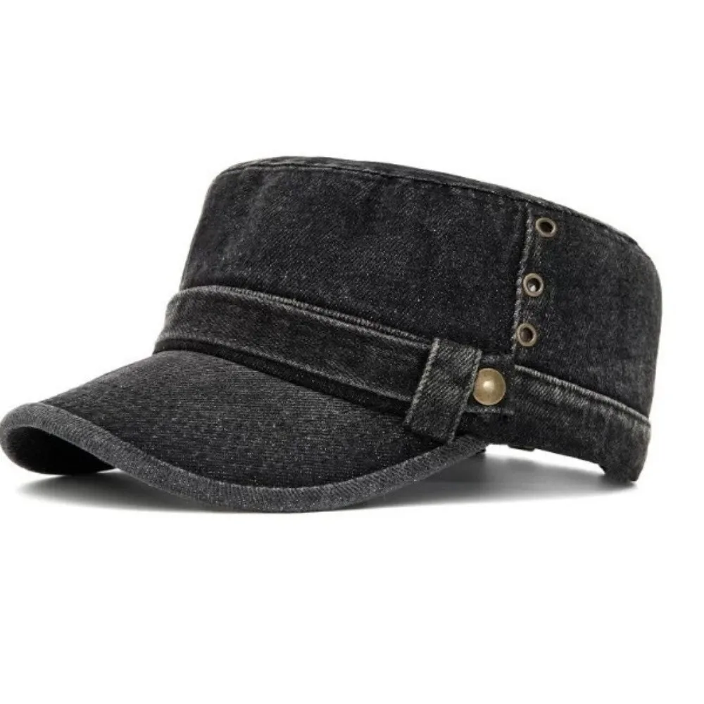 Practical Cotton Material Baseball Cap Adjustable Size Denim Fabric Cadet Cap Visor Design Unisex Fit Flat Top Cap All Seasons