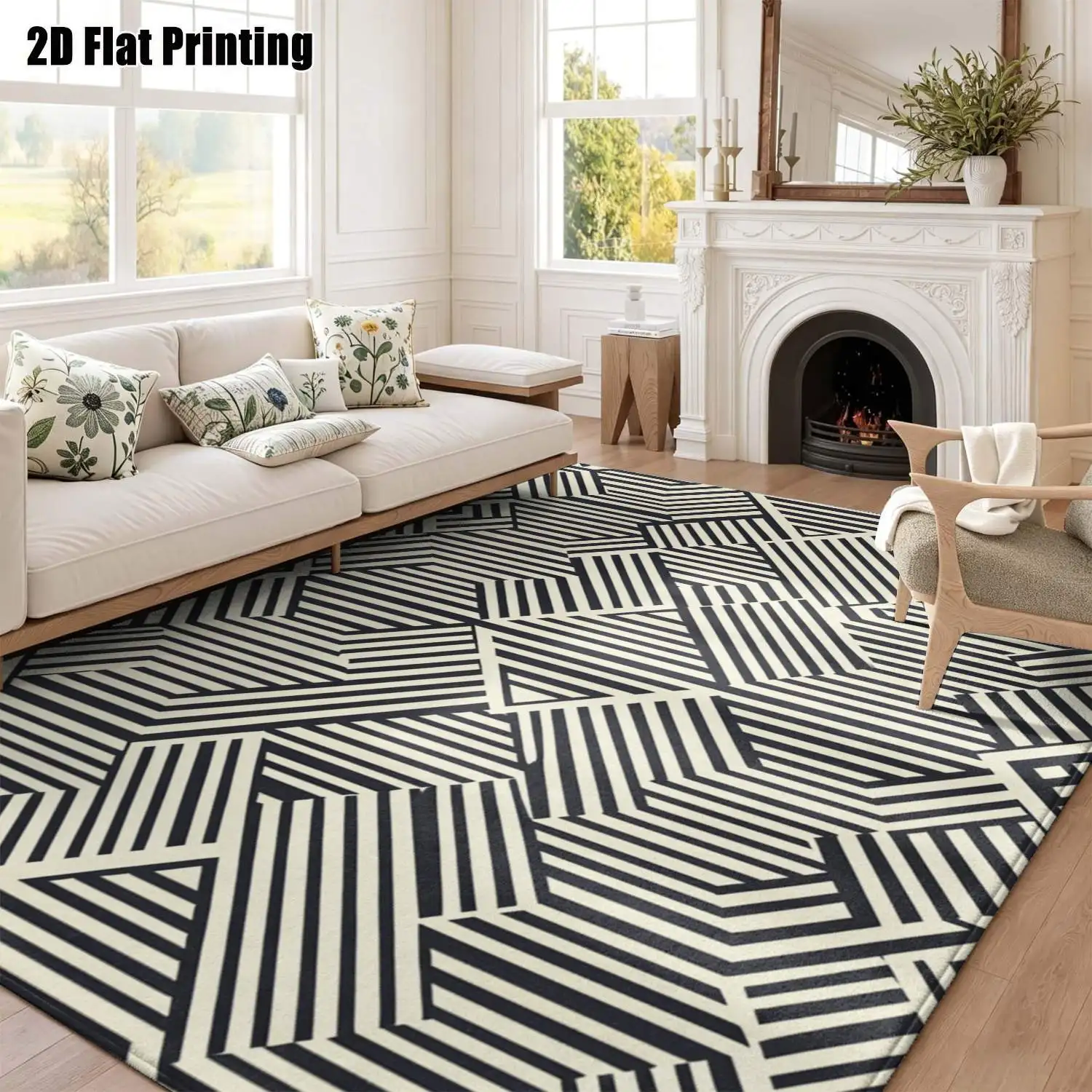 1Pc 2D Printed Black&Gray Geometric Stripe Carpet: Modern Simple, Instagram Decor, Multi-Size, Machine Washable, for Entrance, Dining, Foyer, Study, Living Room, Bedroom