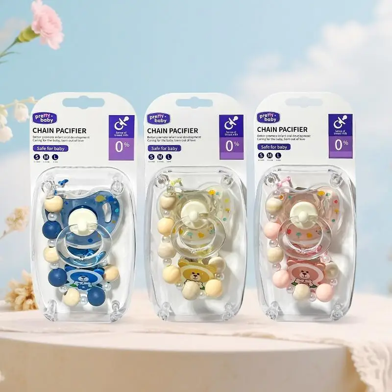 2pcs/pack Baby Printed Pacifier with Dust Cover and Pacifier Chain Clip, Baby Soother with Cartoon Bear-design Pacifier Holder