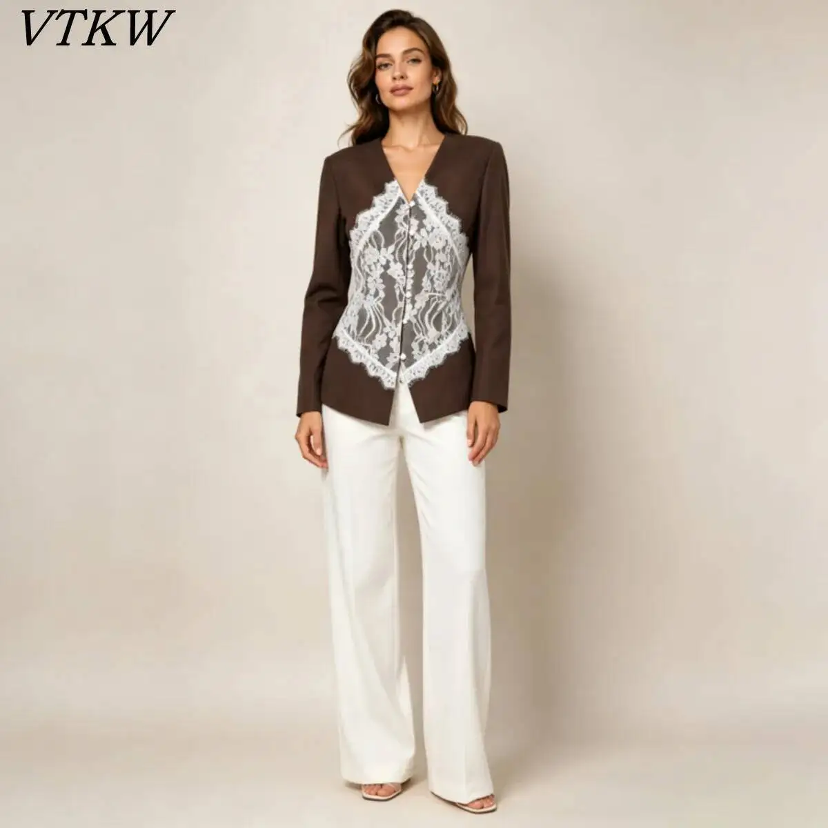 

VTKW 2026 New Women V Neck Lace Patchwork Blazer Long Sleeve Slim Fit Elegant Formal Party Office Casual Workwear Jacket Coat