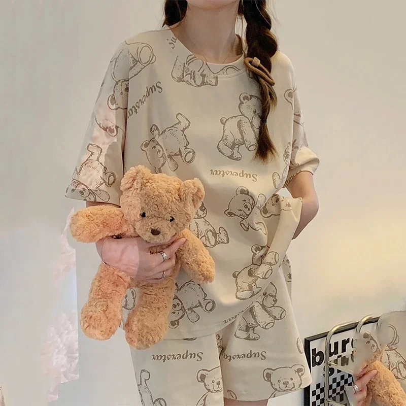 Пижамы больших размеров, женские короткие рукава, милый ветровой костюм, школьные пижамы с мультяшным медведем, верхняя одежда с короткими рукавами, домашняя одежда 5xl