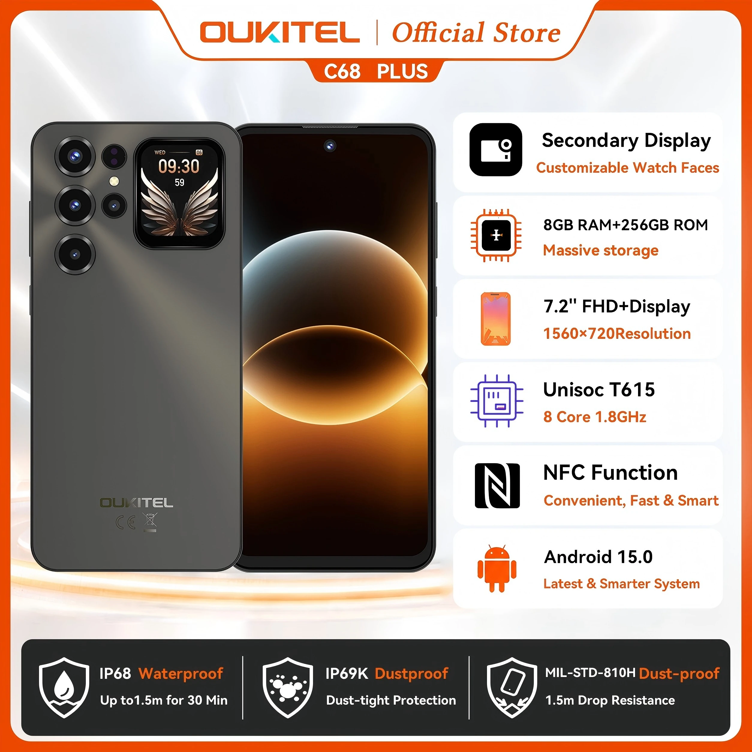Oukitel C68 Plus 8+16/512GB 7.2' 未開封新品 OUKITEL C68 Plus 6000mAh Smartphone, 24GB+256GB, 7.2