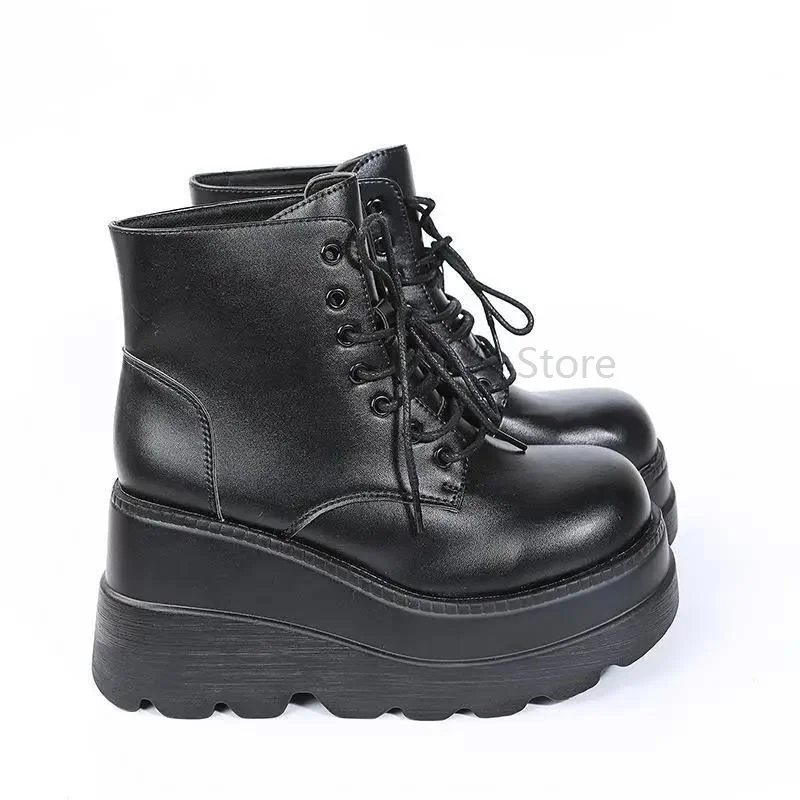 厚底ラージサイズ43レディースブーツ、レースアップショートブーツ、ウェッジソール、2025年レディースレザーハイヒールプラットフォームブーツ