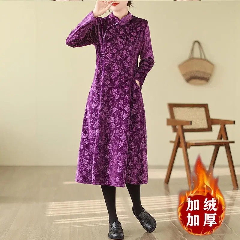 2023 Winter Plush Velvet Dress Improved Qipao Women's Slim Fit Thicken Warm Qipao Dress High End Elegant Floral Cheongsam Z4353