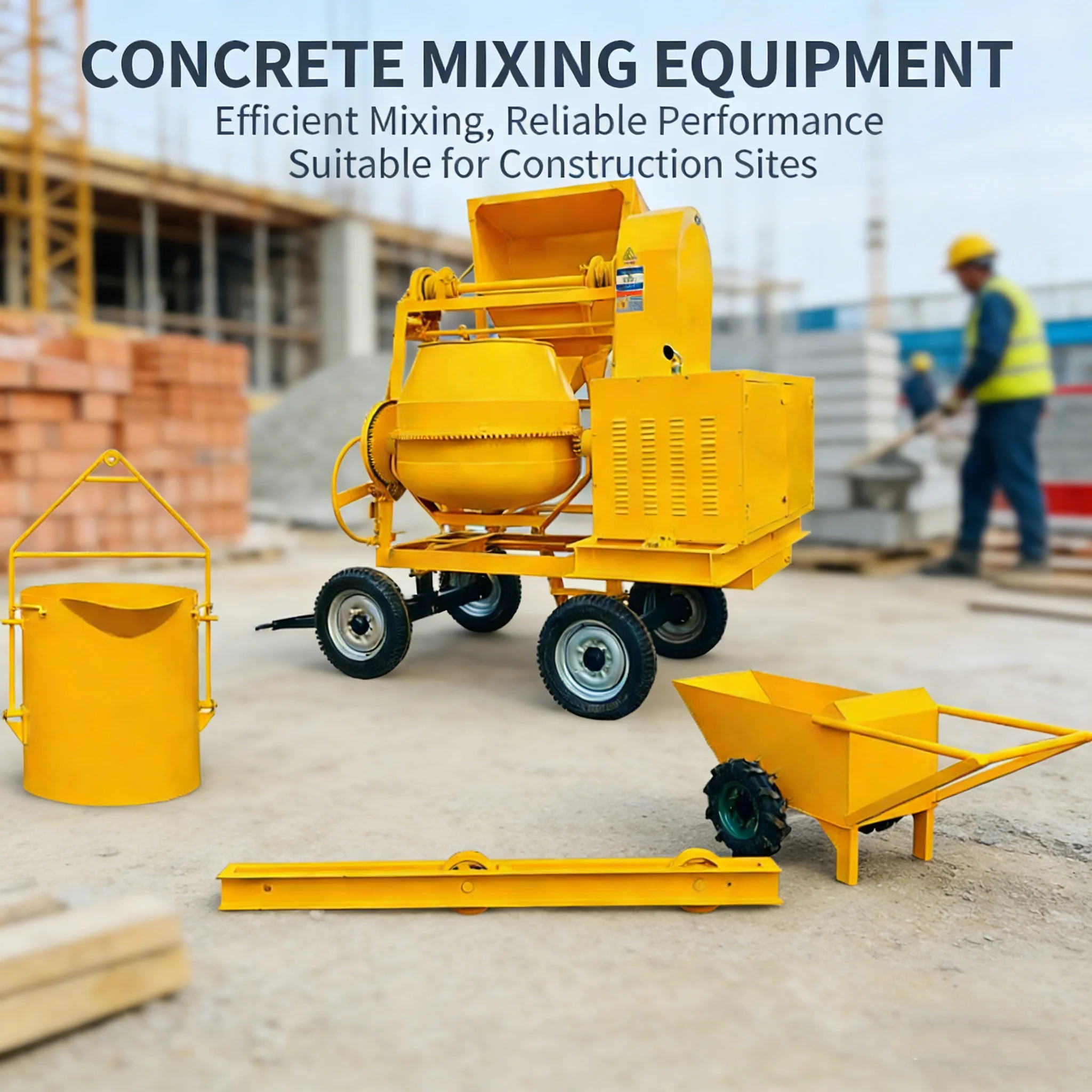 Bétonnière électrique haute capacité 135L, moteur 550W, 2M/H, bétonnière mobile pour travaux de construction à grande échelle