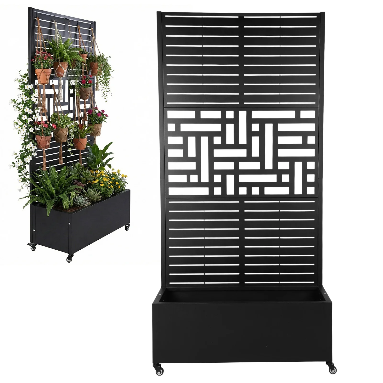 

Металлическая клумба-ящик с решеткой и колесами, 70.87x35.43x15.75 дюймов, приподнятая грядка с дренажными отверстиями для вьющихся растений и лиан