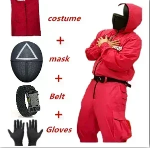 New Red Calamari Game Jumpsuit Cosplay Party Tracksuit Outfits Props Role Play Classic Costume From Korean TV Belt Full Mask Set