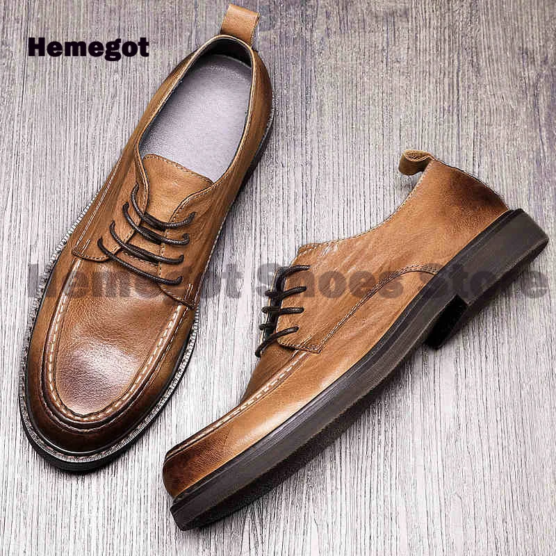 Vintage Matte Leather Men Shoes British Style Brown Leather Cowhide Handmade Men's Lace-Up Round Toe High Quality Men Shoes