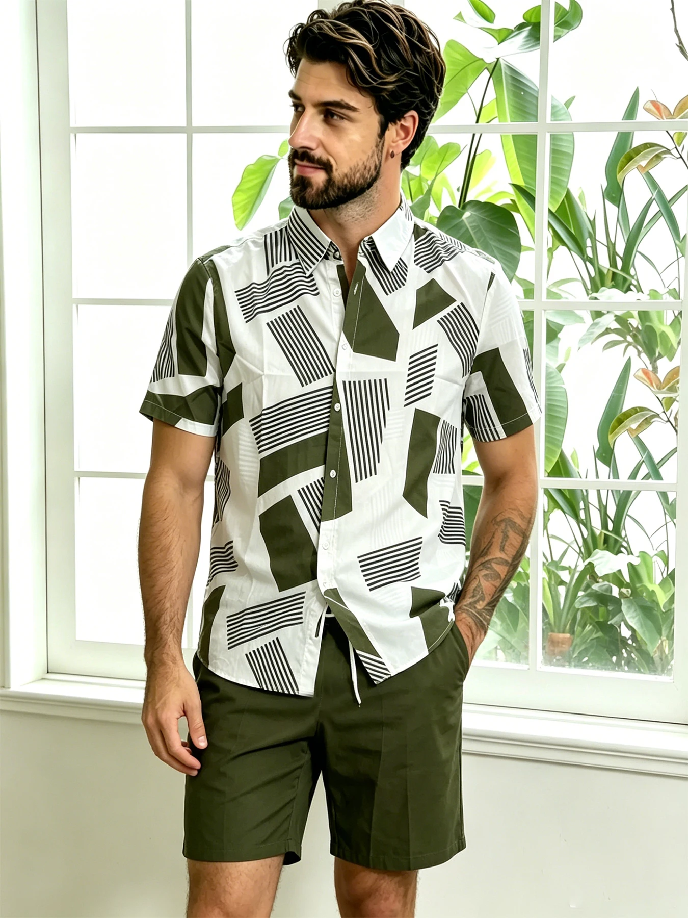 Men Geometric Print Pajama Set Short Sleeve Turn‑down Collar Shirt & Drawstring Shorts 2‑Piece Casual Home Loungewear Pyjamas