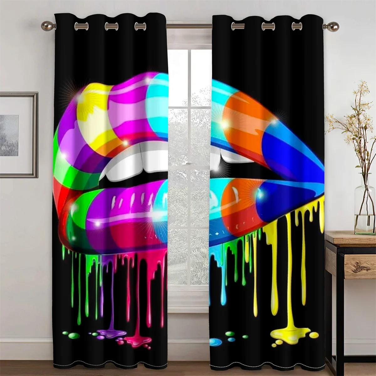 Imagem -02 - Sexy Rainbow Abstract Art Mouth Girl Luz Filtragem Cortinas Janela Cortinas para Sala de Estar Decoração do Quarto Peças