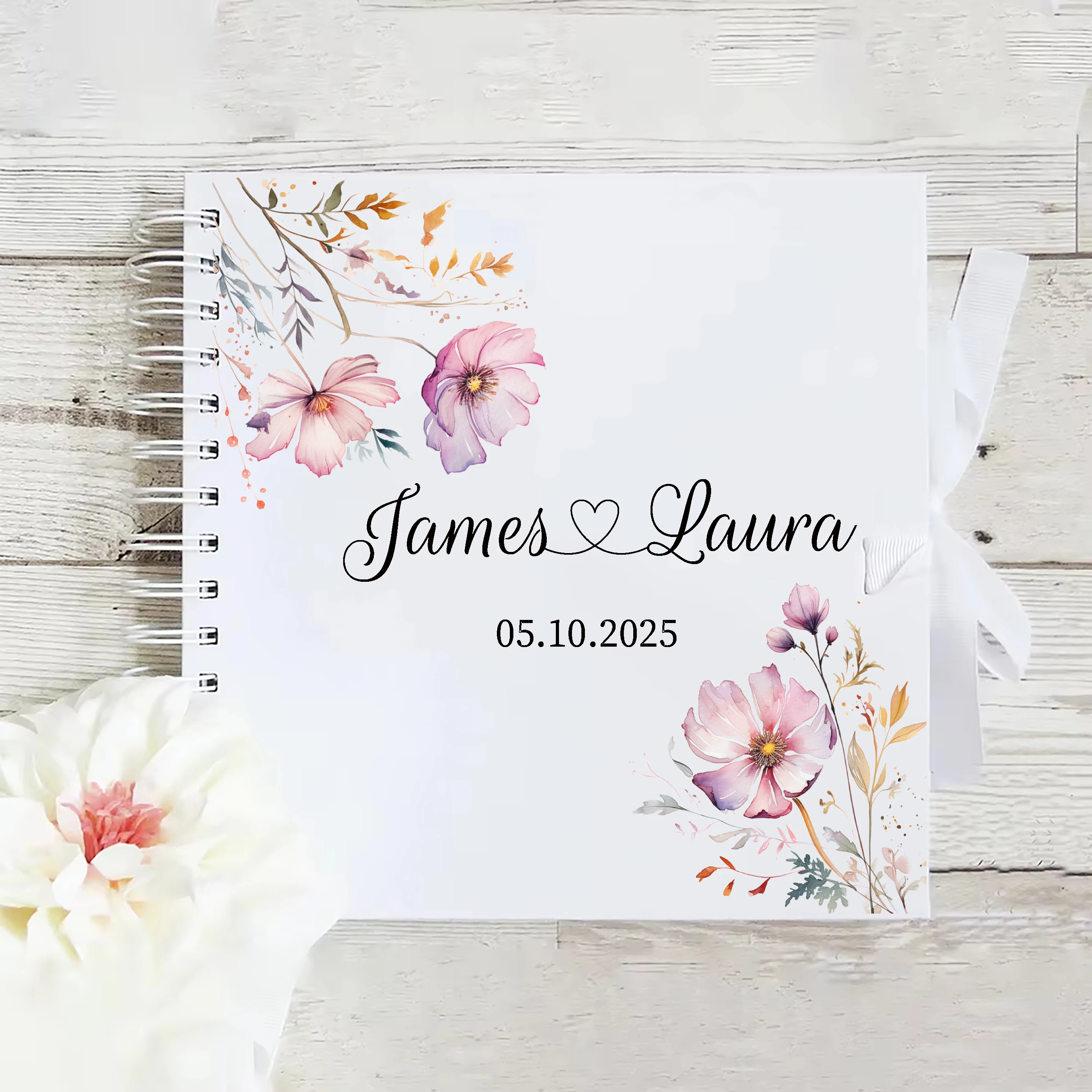 Personalized Wedding Guestbook with Ribbon Signing Book Elegant Mr And Mrs Couples Hardback Keepsake Book White Guest Book