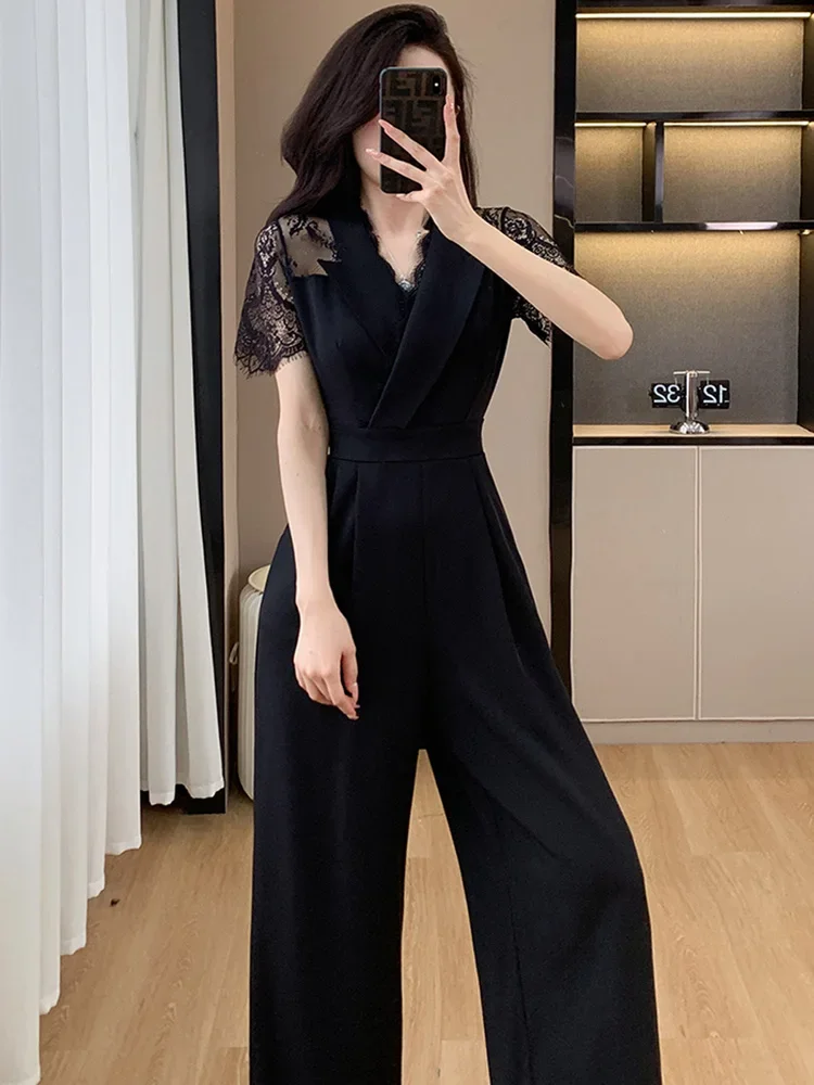 

2024 Summer Elegant Fashion Sexy Lace Splicing Jumpsuit for Women V Neck Short Sleeve Office OL High Waist Slim Wide Leg Rompers