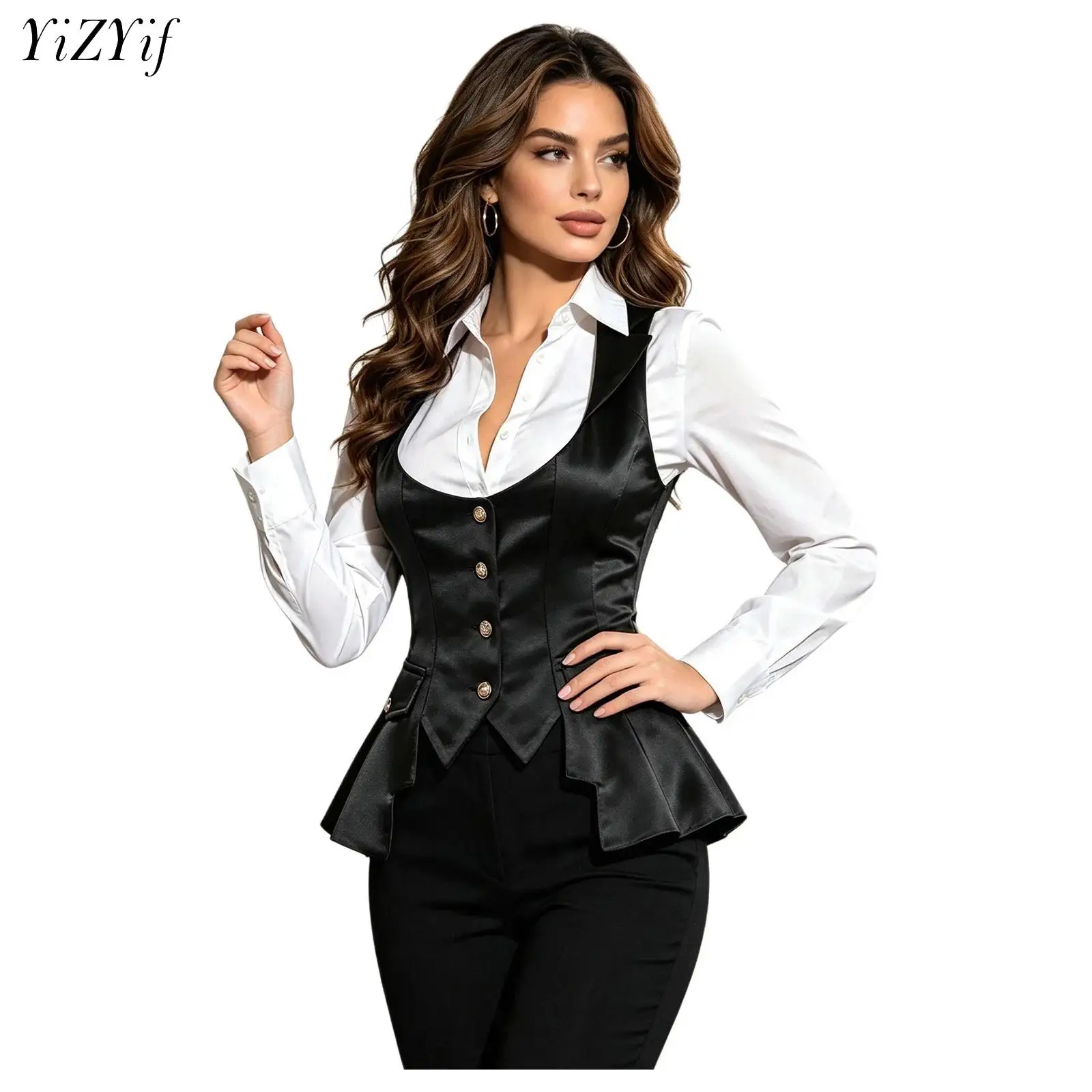 Women's Victorian Steampunk Retro Waistcoat Lapel Collar Sleeveless Irregular Hem Buttons Ruffled Vest Top for Prom Theme Party