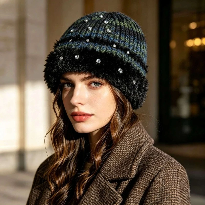 Vintage Mixed Color Knitted Hat for Women, Fluffy Brim Rhinestone Beanie bucket hat