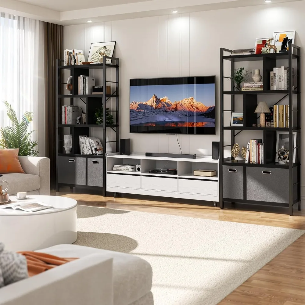 Tall Bookshelf with Drawers - 5 Tier Bookcase Modern Book Shelf Display Standing Shelf Units with Storage, Wood